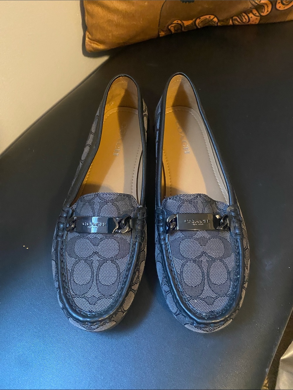 Coach Black Signature Canvas Driving Loafers with Metal Plaque